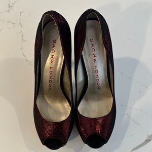 Sacha London Pippa peep toe heels in red glittery velvet finish 9 Leather Upper